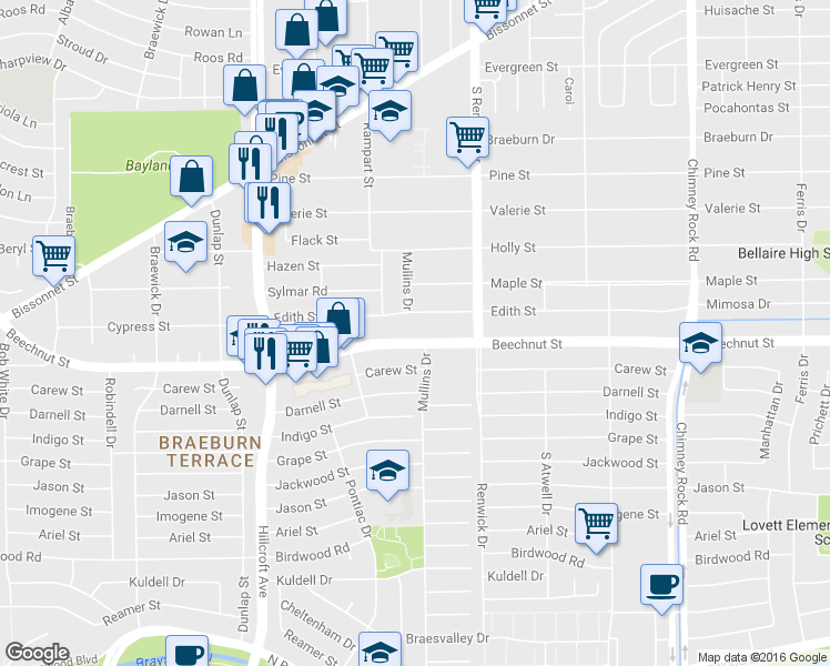 map of restaurants, bars, coffee shops, grocery stores, and more near 5542 Beechnut Street in Houston