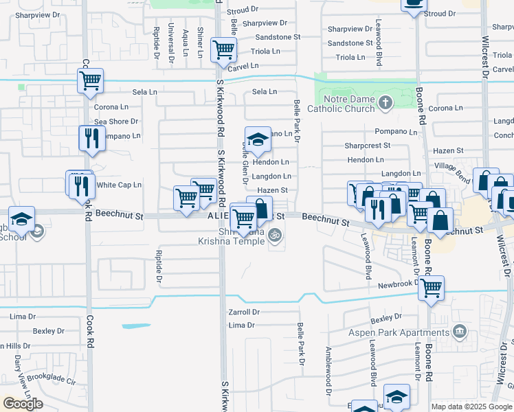 map of restaurants, bars, coffee shops, grocery stores, and more near 3 Regentview Drive in Houston