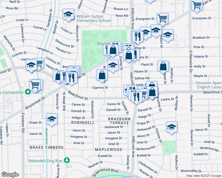 map of restaurants, bars, coffee shops, grocery stores, and more near 5901 Cypress Street in Houston