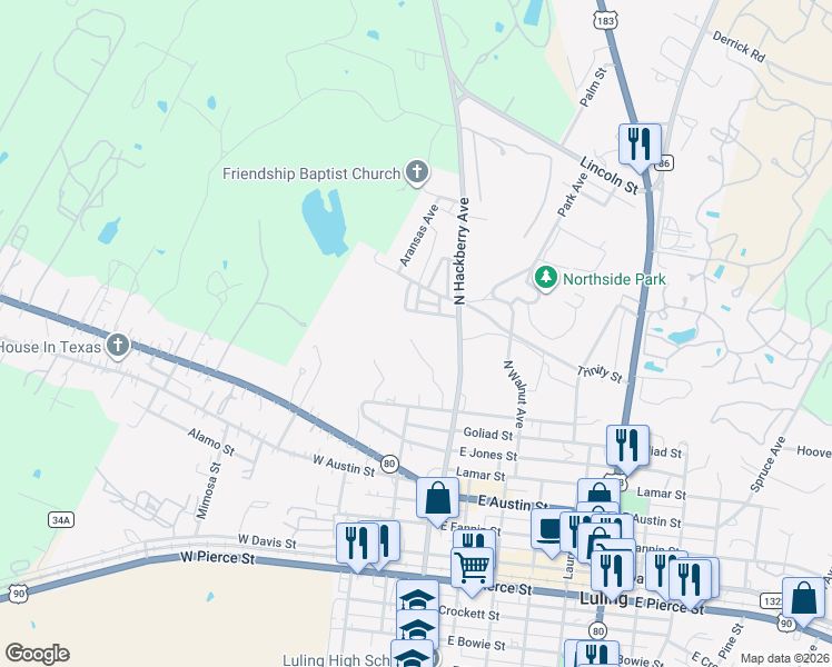 map of restaurants, bars, coffee shops, grocery stores, and more near 905 North Hackberry Avenue in Luling