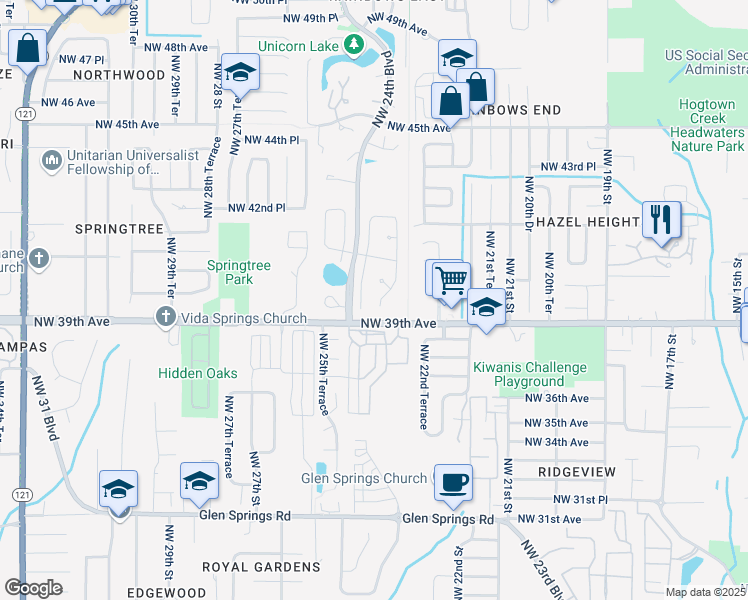 map of restaurants, bars, coffee shops, grocery stores, and more near 3929 Northwest 23rd Drive in Gainesville