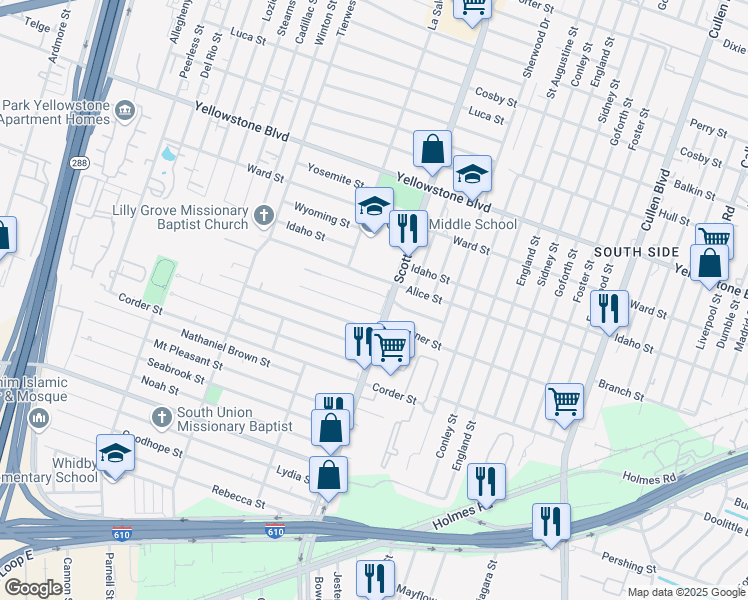 map of restaurants, bars, coffee shops, grocery stores, and more near 3830 Southlawn Street in Houston