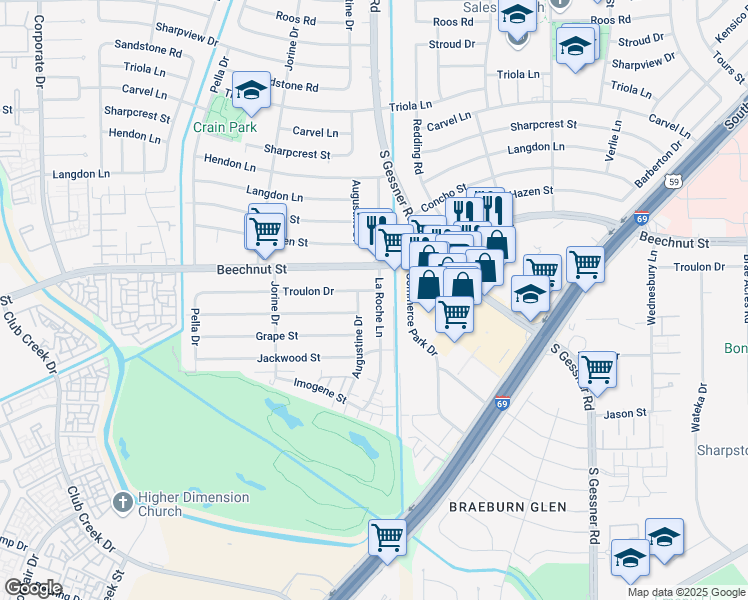 map of restaurants, bars, coffee shops, grocery stores, and more near 8102 La Roche Lane in Houston