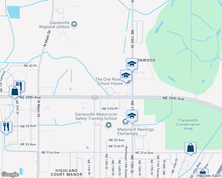 map of restaurants, bars, coffee shops, grocery stores, and more near 1300 Northeast 39th Avenue in Gainesville