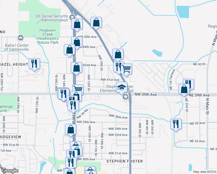 map of restaurants, bars, coffee shops, grocery stores, and more near 824 Northwest 40 Avenue in Gainesville