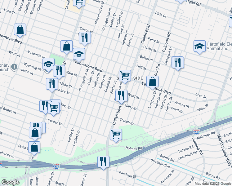 map of restaurants, bars, coffee shops, grocery stores, and more near 6805 Foster Street in Houston