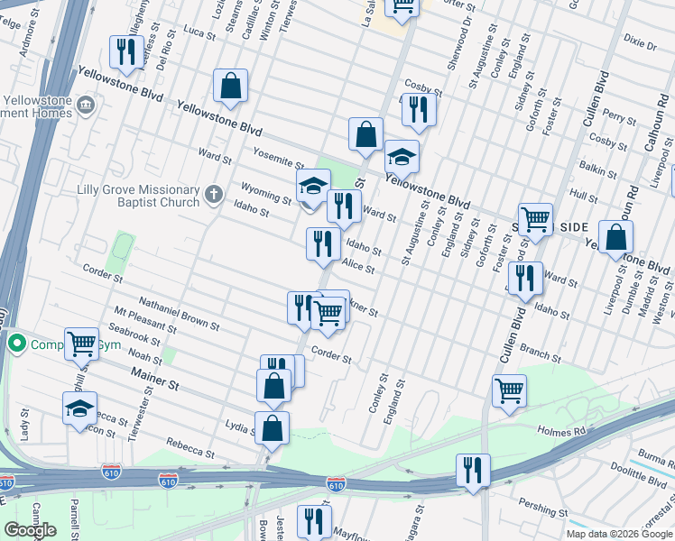map of restaurants, bars, coffee shops, grocery stores, and more near 3914 Alice Street in Houston