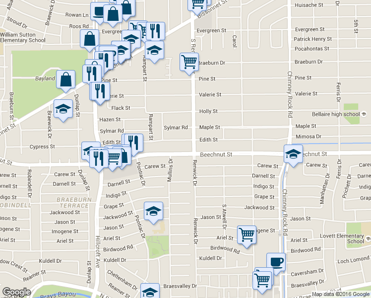 map of restaurants, bars, coffee shops, grocery stores, and more near 5518 Beechnut Street in Houston