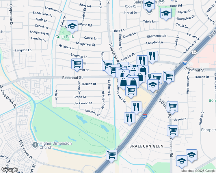 map of restaurants, bars, coffee shops, grocery stores, and more near 8102 La Roche Lane in Houston