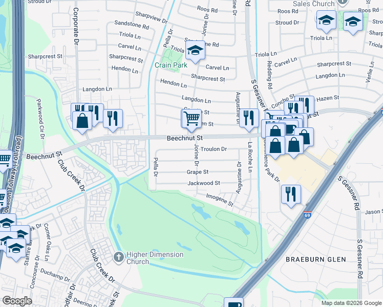 map of restaurants, bars, coffee shops, grocery stores, and more near 9007 Troulon Drive in Houston