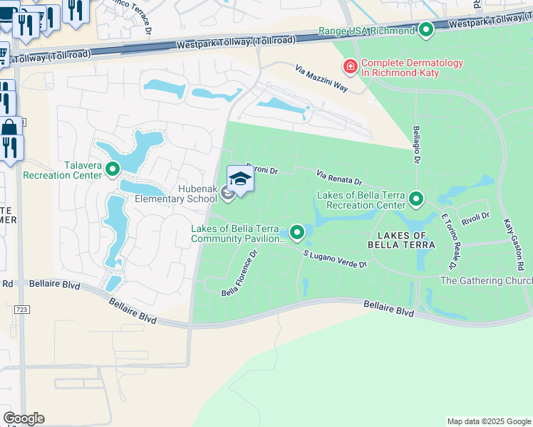map of restaurants, bars, coffee shops, grocery stores, and more near 11418 Via Verdone Drive in Richmond
