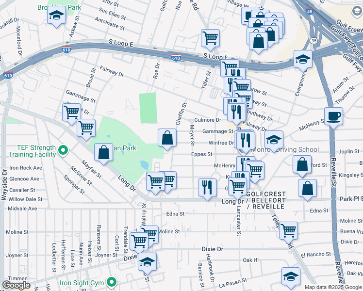 map of restaurants, bars, coffee shops, grocery stores, and more near 7010 Winfree Drive in Houston