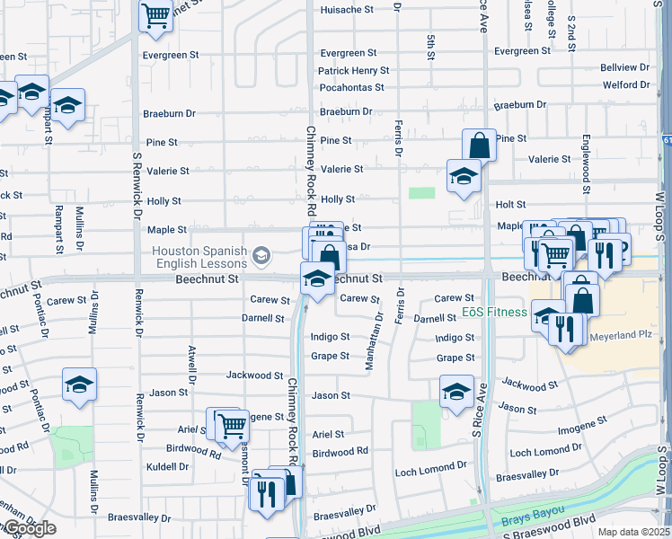 map of restaurants, bars, coffee shops, grocery stores, and more near 5250 Beechnut Street in Houston