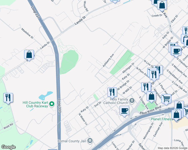 map of restaurants, bars, coffee shops, grocery stores, and more near 2250 Ashberry Avenue in New Braunfels
