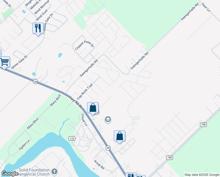 map of restaurants, bars, coffee shops, grocery stores, and more near 1488 Jordan Crossing in New Braunfels