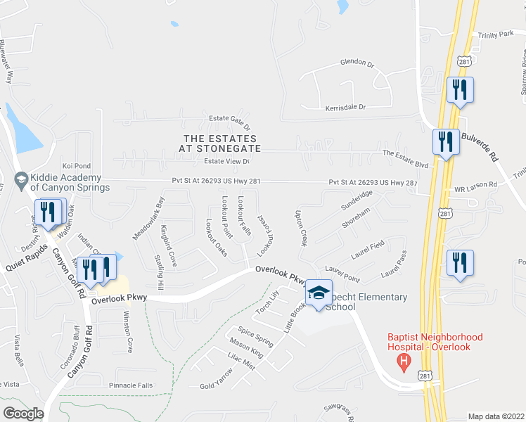 map of restaurants, bars, coffee shops, grocery stores, and more near 1824 Lookout Forest in San Antonio