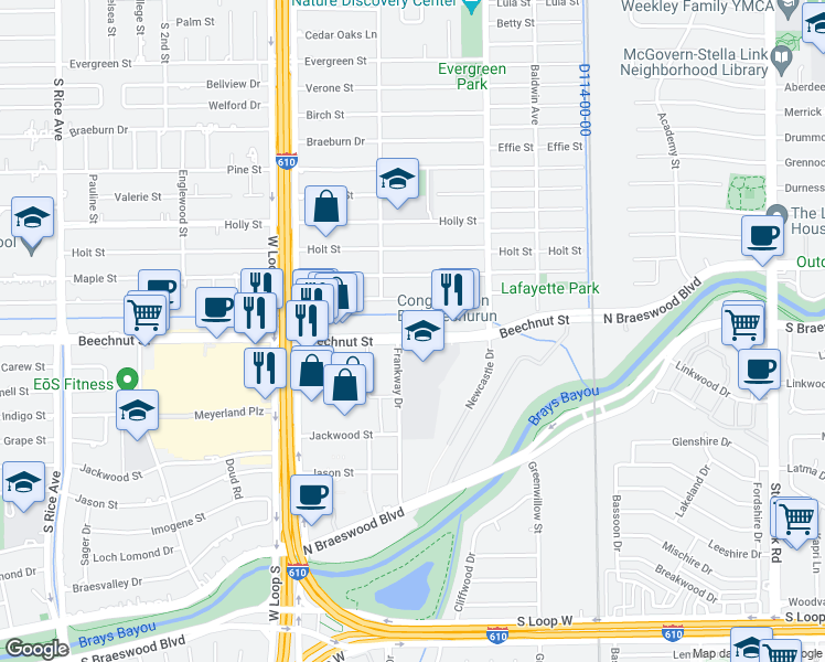 map of restaurants, bars, coffee shops, grocery stores, and more near 4590 Beechnut Street in Houston