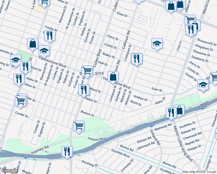 map of restaurants, bars, coffee shops, grocery stores, and more near 6722 Calhoun Road in Houston