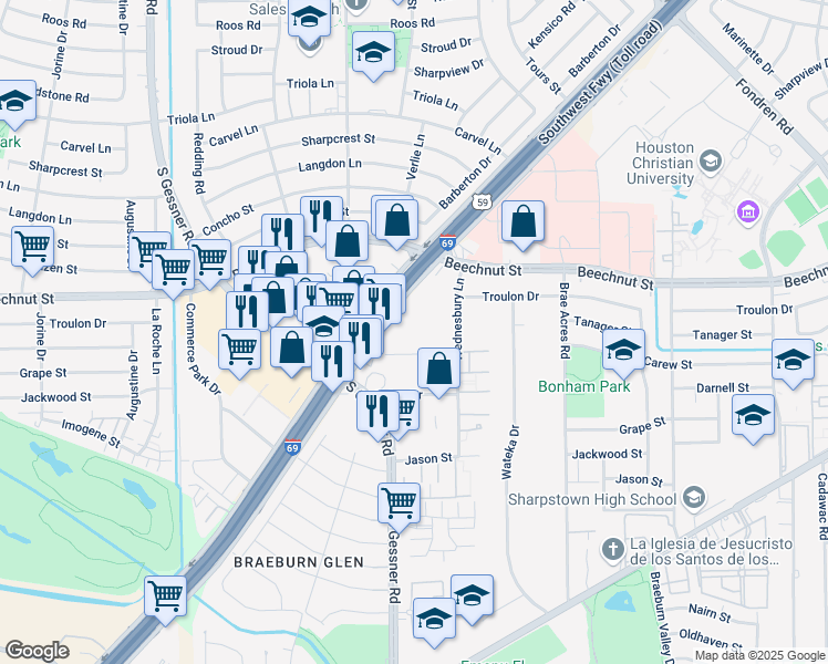 map of restaurants, bars, coffee shops, grocery stores, and more near 8200 Wednesbury Lane in Houston