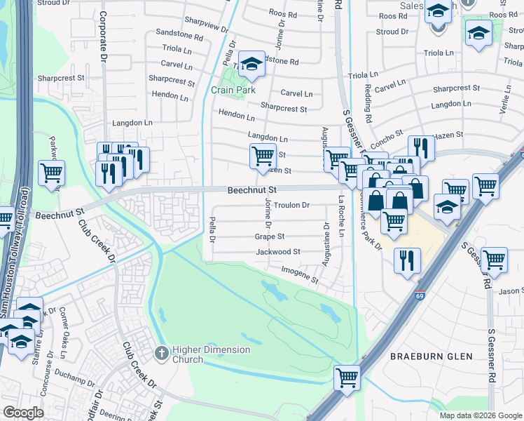 map of restaurants, bars, coffee shops, grocery stores, and more near 9007 Troulon Drive in Houston