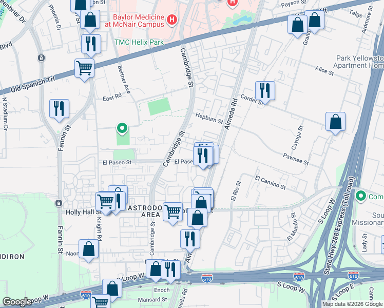 map of restaurants, bars, coffee shops, grocery stores, and more near 2121 El Paseo Street in Houston