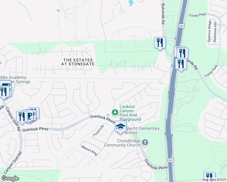 map of restaurants, bars, coffee shops, grocery stores, and more near 26232 Upton Creek in San Antonio