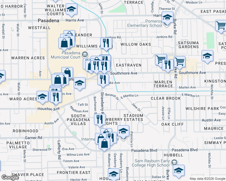 map of restaurants, bars, coffee shops, grocery stores, and more near 1414 Houston Avenue in Pasadena