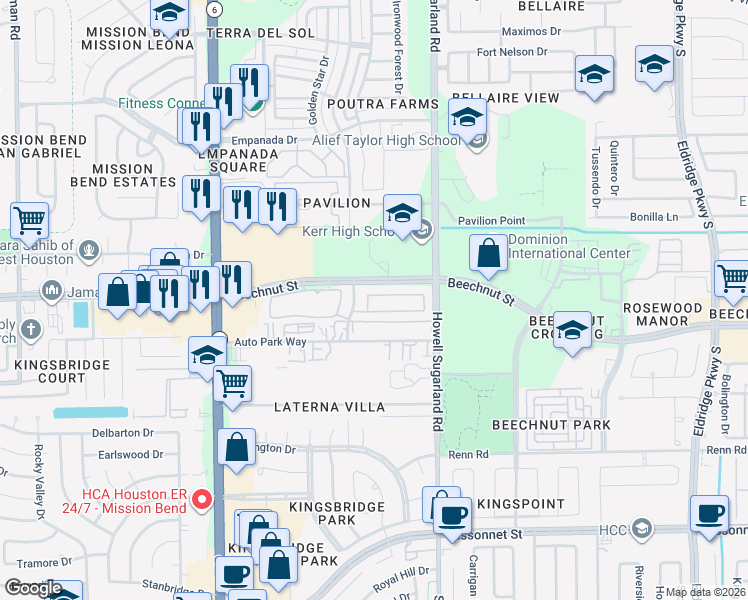map of restaurants, bars, coffee shops, grocery stores, and more near 14235 Beech Glen Dr in Houston