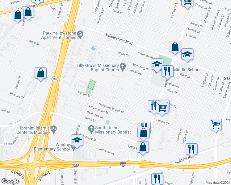map of restaurants, bars, coffee shops, grocery stores, and more near 3598 Amos St in Houston