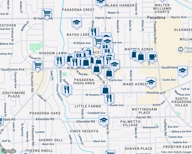 map of restaurants, bars, coffee shops, grocery stores, and more near 101 West Bird Road in Pasadena