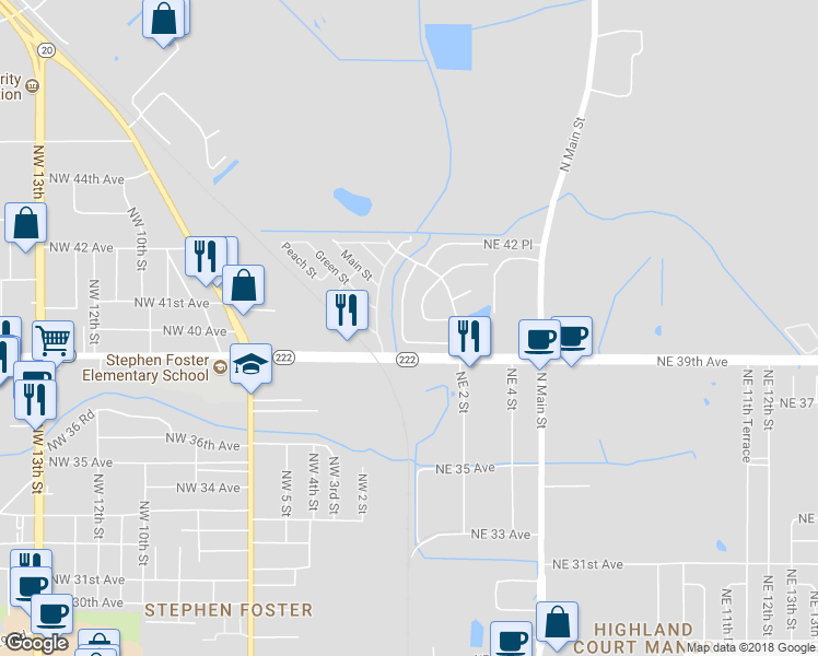 map of restaurants, bars, coffee shops, grocery stores, and more near 3931 Northeast 1st Terrace in Gainesville