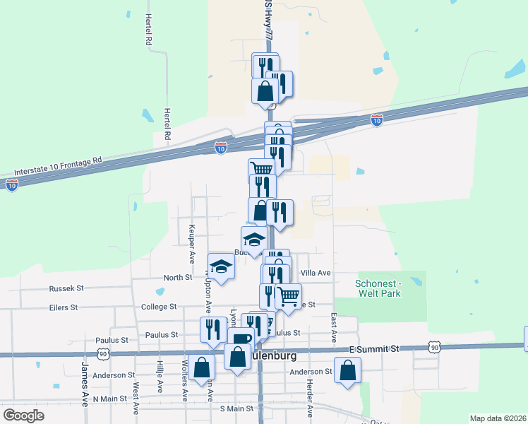 map of restaurants, bars, coffee shops, grocery stores, and more near 77 North Kessler Avenue in Schulenburg