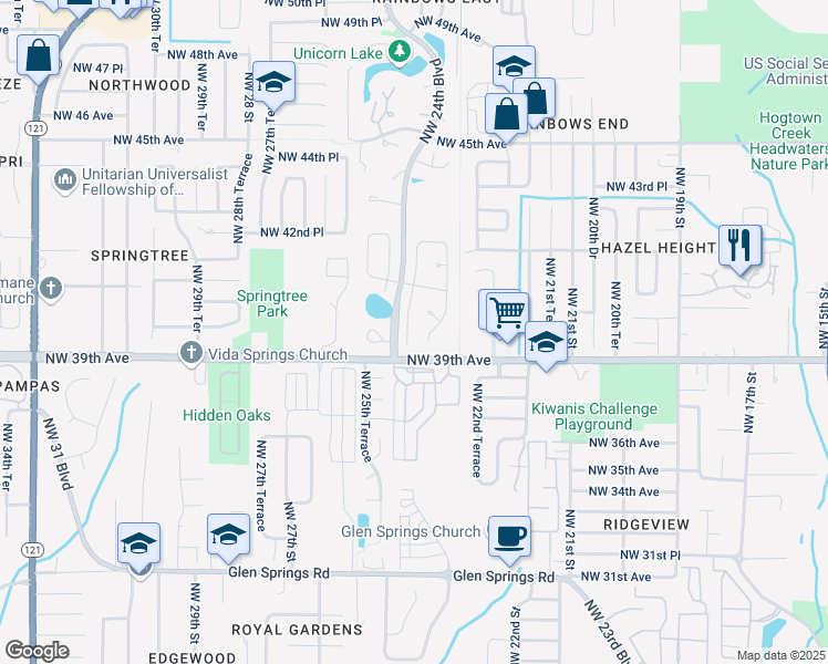 map of restaurants, bars, coffee shops, grocery stores, and more near 3929 Northwest 23rd Drive in Gainesville