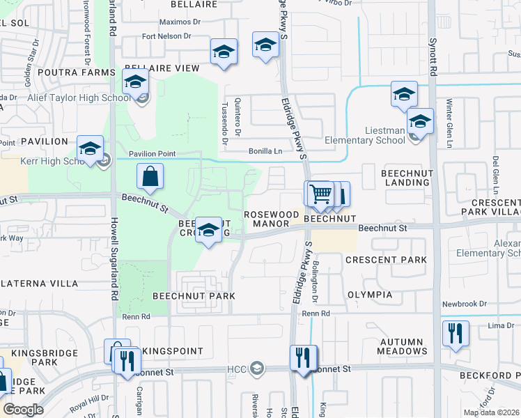 map of restaurants, bars, coffee shops, grocery stores, and more near 13700 Beechnut Street in Houston