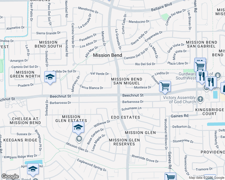 map of restaurants, bars, coffee shops, grocery stores, and more near 8019 Marisol Drive in Houston