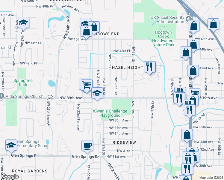 map of restaurants, bars, coffee shops, grocery stores, and more near 3927 Northwest 20 Drive in Gainesville