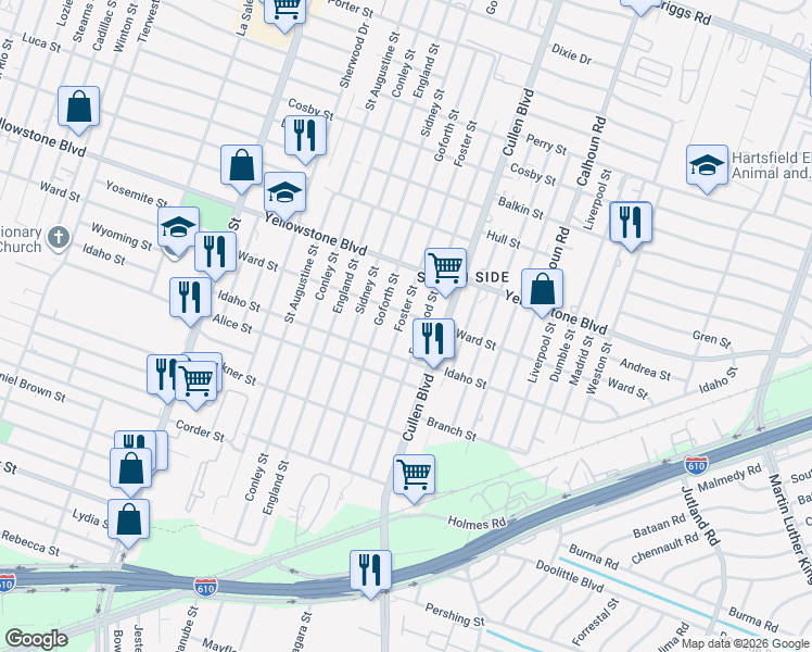 map of restaurants, bars, coffee shops, grocery stores, and more near 6805 Foster Street in Houston