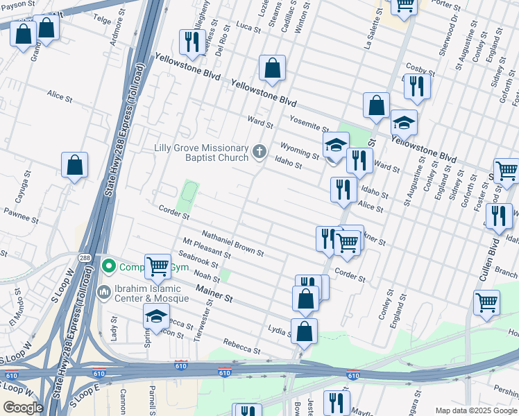 map of restaurants, bars, coffee shops, grocery stores, and more near 3630B Lehall Street in Houston