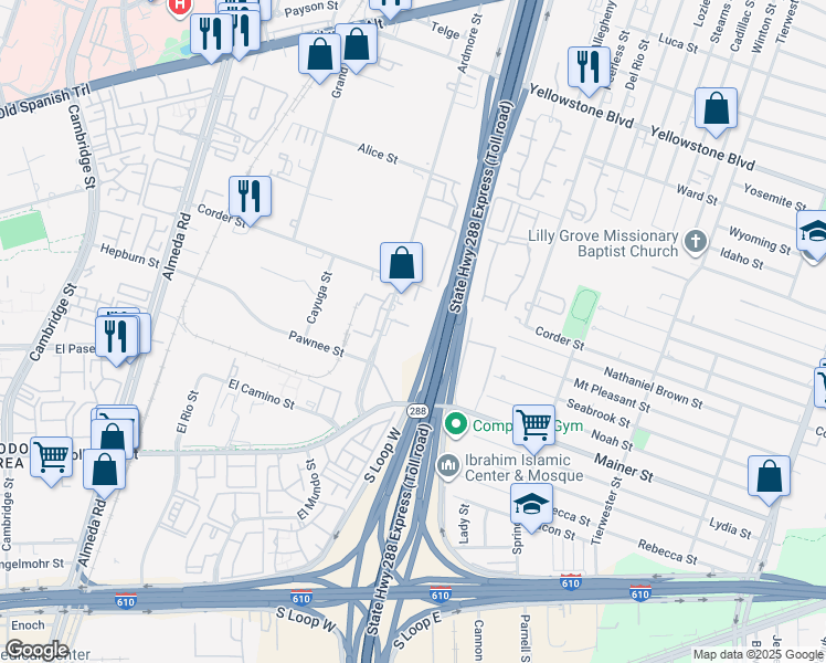map of restaurants, bars, coffee shops, grocery stores, and more near 7373 Ardmore Street in Houston