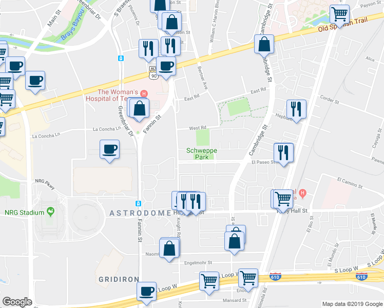 map of restaurants, bars, coffee shops, grocery stores, and more near 1791 El Paseo Street in Houston