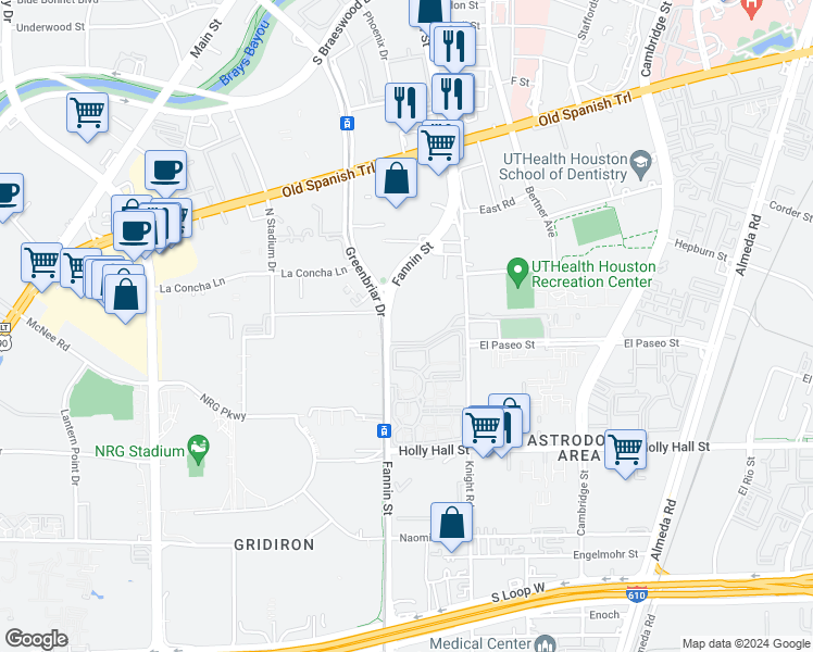 map of restaurants, bars, coffee shops, grocery stores, and more near 7979 Fannin Street in Houston