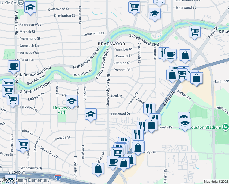 map of restaurants, bars, coffee shops, grocery stores, and more near 3123 Broadmead Drive in Houston