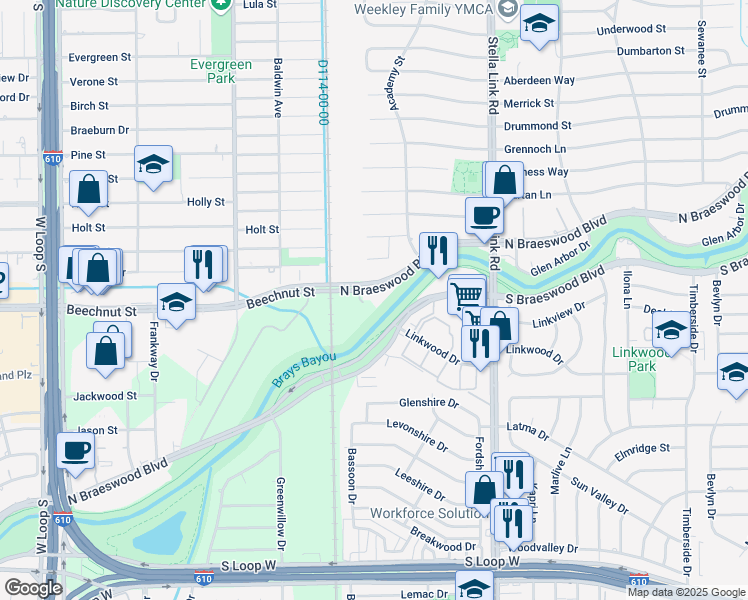 map of restaurants, bars, coffee shops, grocery stores, and more near 4141 North Braeswood Boulevard in Houston