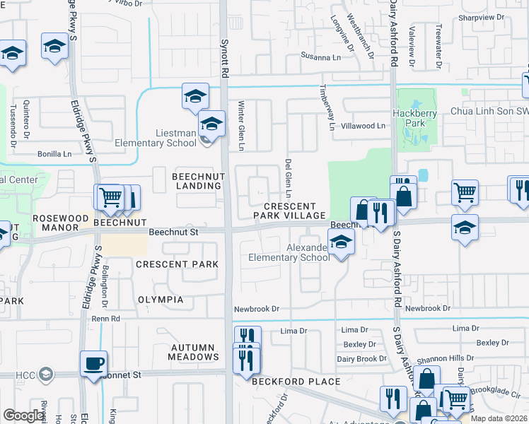 map of restaurants, bars, coffee shops, grocery stores, and more near 8146 Barnes Ridge Lane in Houston