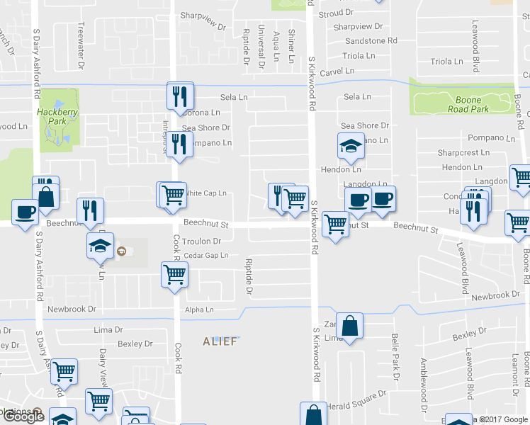 map of restaurants, bars, coffee shops, grocery stores, and more near 8111 Starfish Lane in Houston