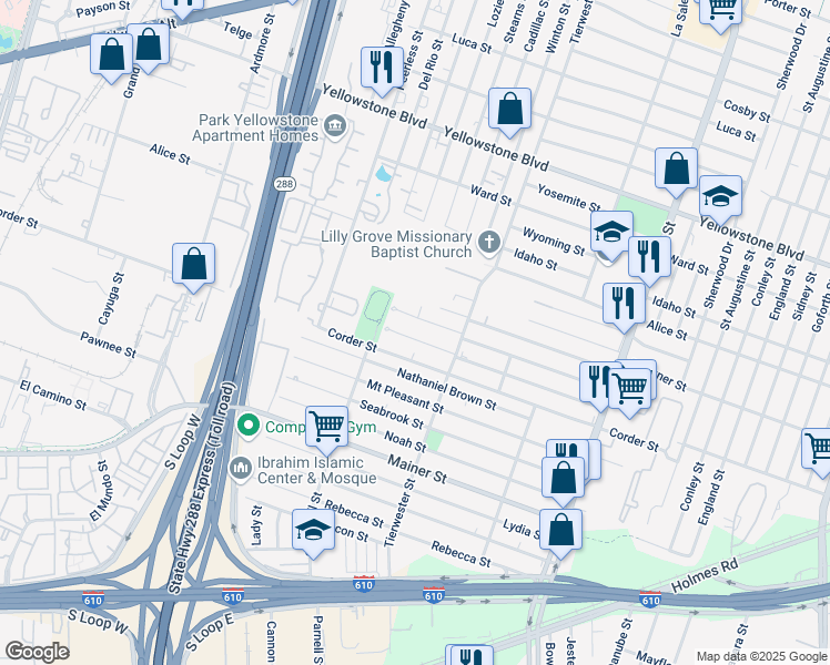 map of restaurants, bars, coffee shops, grocery stores, and more near 3533 Dreyfus Street in Houston