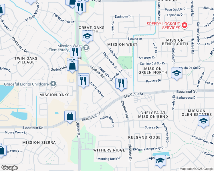 map of restaurants, bars, coffee shops, grocery stores, and more near 8000 Clodine Road in Houston