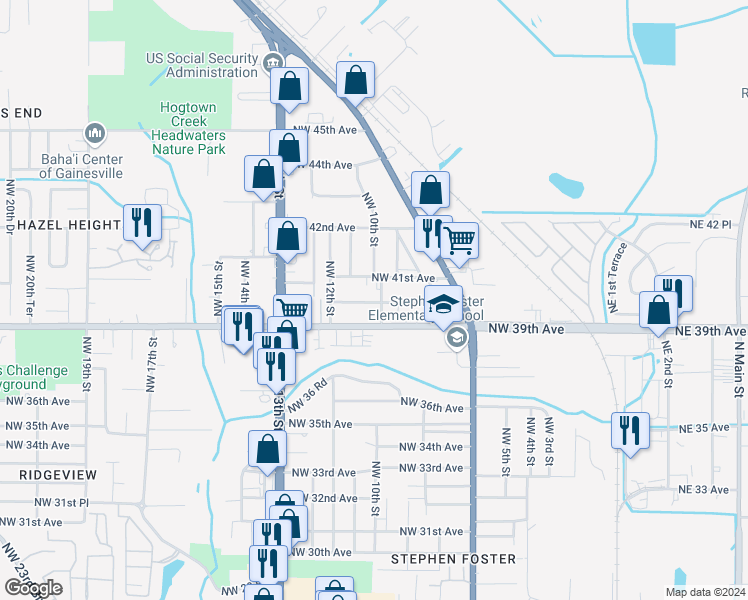 map of restaurants, bars, coffee shops, grocery stores, and more near 1008 Northwest 40 Avenue in Gainesville