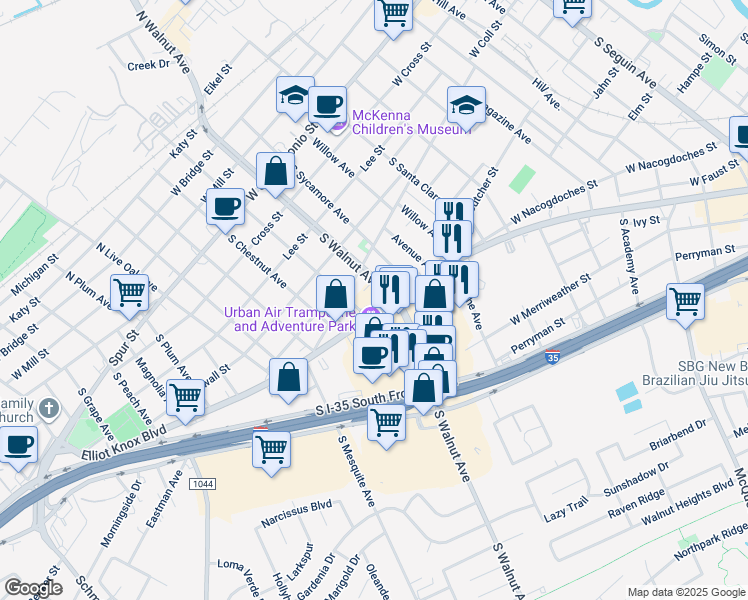 map of restaurants, bars, coffee shops, grocery stores, and more near 1160 Interstate 35 Business Loop in New Braunfels