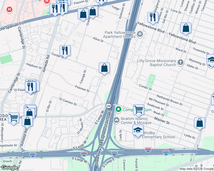 map of restaurants, bars, coffee shops, grocery stores, and more near 7373 Ardmore Street in Houston